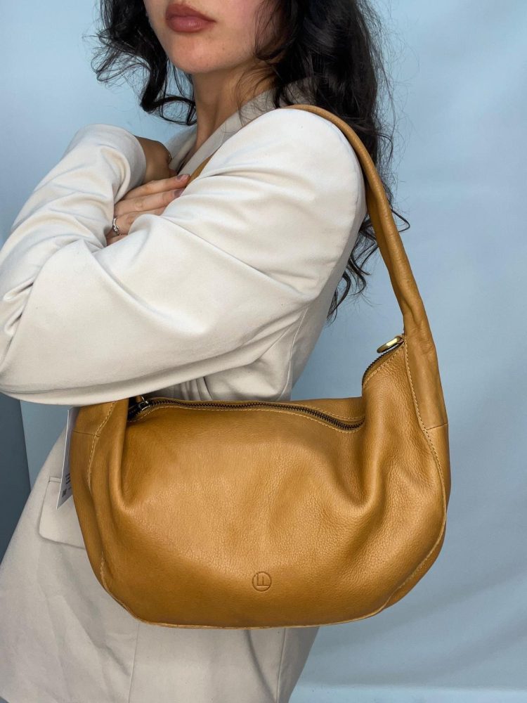 Mustard Leather Half-Moon Bag