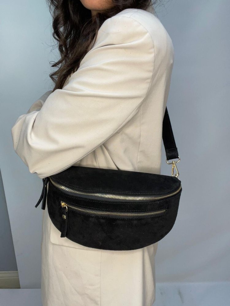 Black Suede Double Zip CrossBody