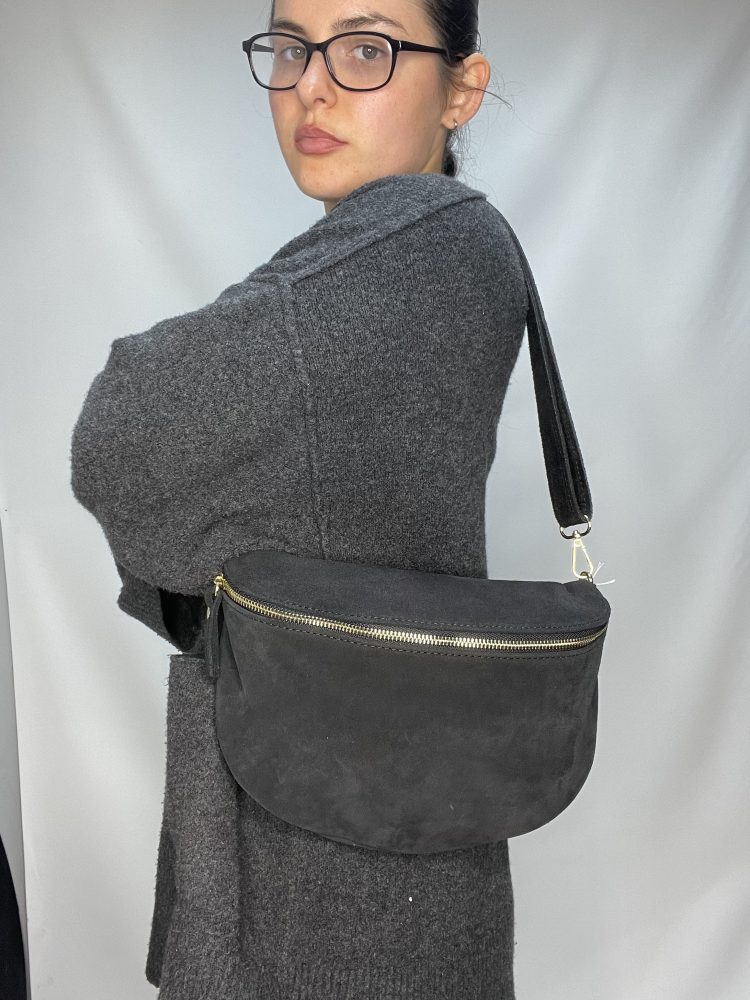 Suede Black Gold Zip Crossbody